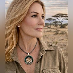 Beautiful Handpainted MUFASA LION face pendant large in 50mm round metal bezel.